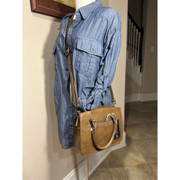 NWT La Terre Fashion Tan Vegan Leather Convertible Crossbody Satchel Purse Bag - Picture 15 of 16